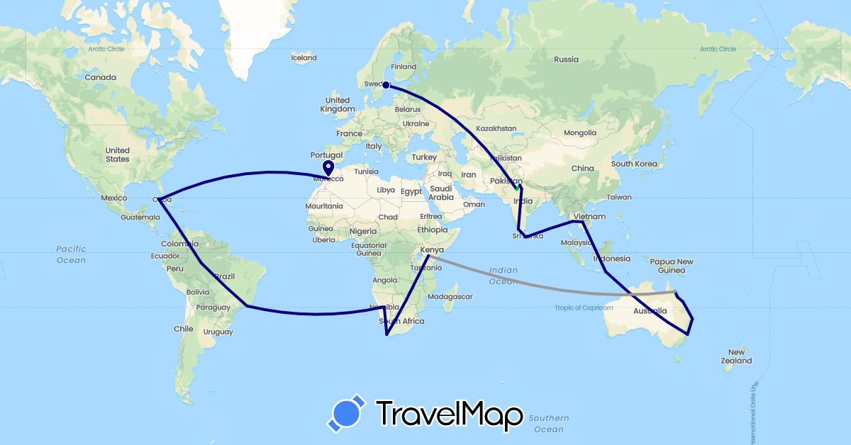 TravelMap itinerary: driving, bus, plane in Australia, Brazil, Cuba, Indonesia, India, Kenya, Cambodia, Sri Lanka, Morocco, Namibia, Sweden, Thailand, South Africa (Africa, Asia, Europe, North America, Oceania, South America)