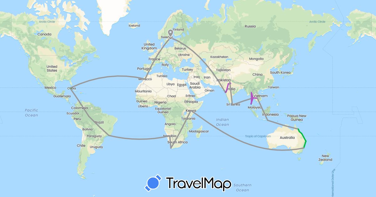 TravelMap itinerary: driving, bus, plane, train, boat in Australia, Brazil, Cuba, Indonesia, India, Kenya, Cambodia, Sri Lanka, Morocco, Namibia, Sweden, Thailand, South Africa (Africa, Asia, Europe, North America, Oceania, South America)